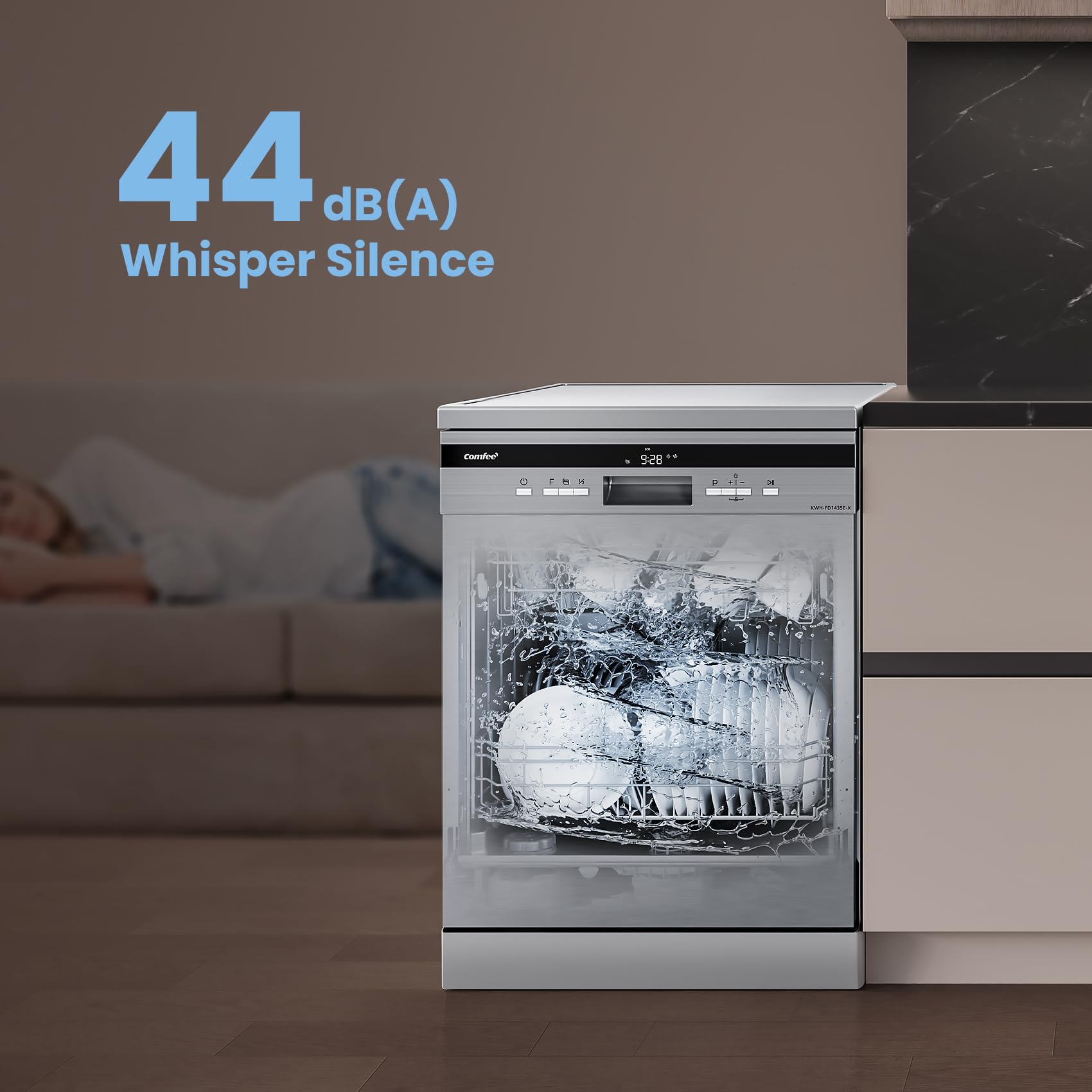 COMFEE' Freestanding Dishwasher FD1435E-X with 14 place settings, Full Size, Whisper Quiet 44dB